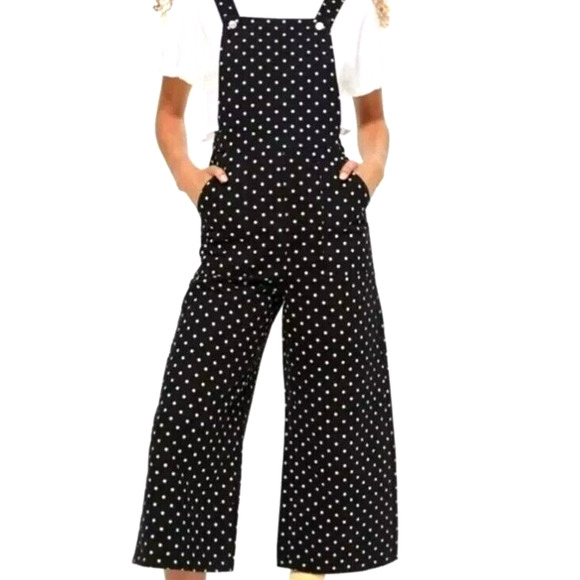 TOPSHOP MOTO Women's 4 Black White Polka Dot‎ Wide Leg Denim Overalls Pockets - Picture 1 of 10